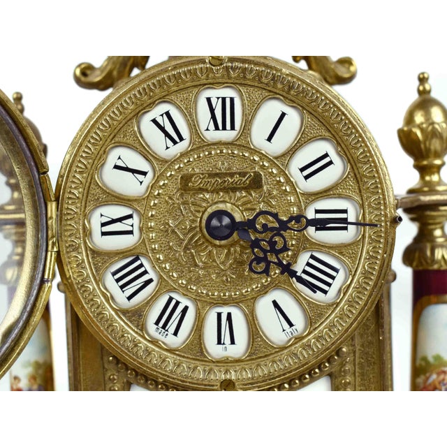 Metal Mid 20th Century Imperial Gilt Brass Frame With Porcelain Plaques Mantle Clock & Five-Light Candelabra Set - 3 Pieces Italy For Sale - Image 7 of 17