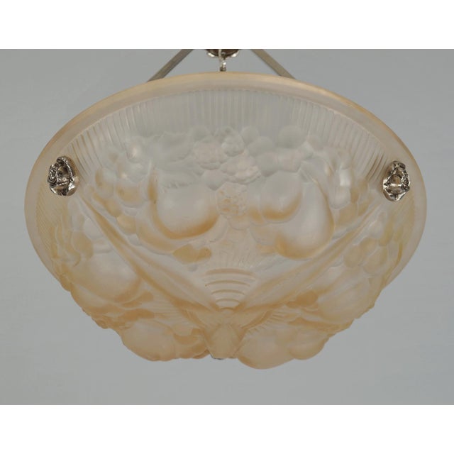 Metal Muller Freres French Art Deco Pendant Chandelier 1920s - Peach Frosted Glass & Nickeled Bronze For Sale - Image 7 of 9