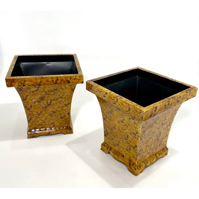 Metal 1980’s Pair Faux Tortoise Shell Planters/Cache Pots For Sale - Image 7 of 16