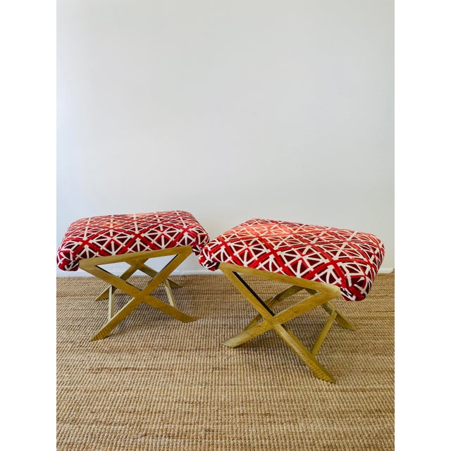 Vintage 1970s Pair of Brass X Base Weiman / Warren Lloyd Mastercraft Geometric Velvet Upholstered Stools Ottomans For Sale In Palm Springs - Image 6 of 18