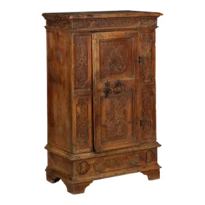 Continental Heavily Worn Carved One-Door Cupboard Cabinet of Small Size