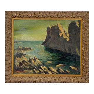 Early 20th Century French Seascape with Rocky Inlet Oil Painting by Jean-Dominique Van Caulaert, Framed For Sale