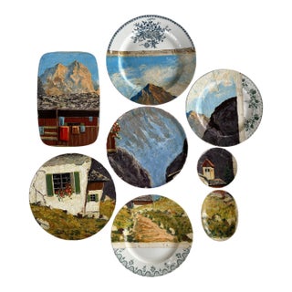 "Mountain Chalet" Original Wall Art Composition of Decorative Plates Painting Installation - Set of 8 For Sale
