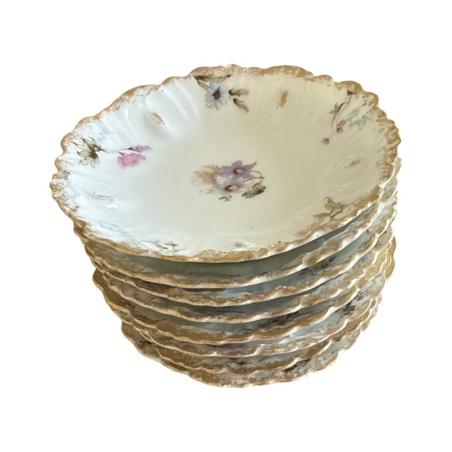 Antique Botanical Limoges Porcelain Berry Dessert Set Platter 8 Bowls Floral Gilt For Sale - Image 9 of 15