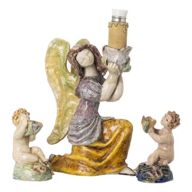 Angel Lamp and Candlesticks Boys in Earthenware by Maria Luísa Fragoso, Set of 3 For Sale