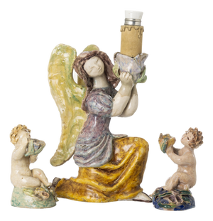 Angel Lamp and Candlesticks Boys in Earthenware by Maria Luísa Fragoso, Set of 3