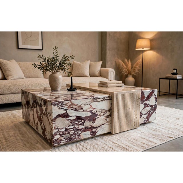 Contemporary Square Marble Coffee Table in Calacatta Viola and Roman Travertine Marble by Andrea Grasso For Sale - Image 3 of 7