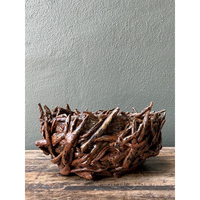 Mid-Century Modern Vintage Rustic Brown Ceramic Twig Bowl For Sale - Image 3 of 13