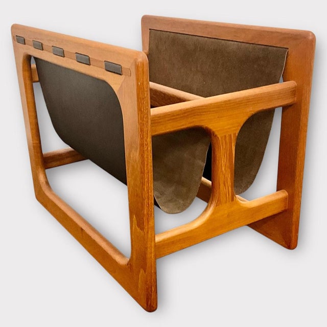 Wood Danish Magazine Rack in Teak and Leather with Double Storage Compartment attributed to Aksel Kjersgaard for Salin Möbler, 1960s For Sale - Image 7 of 12
