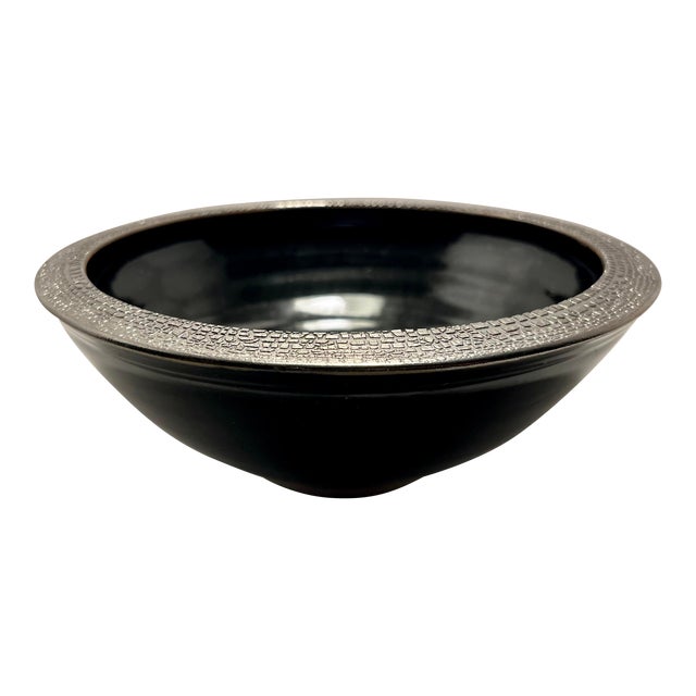 Mid-Centiry Modern Studio Pottery Silver Rim Signed Bowl For Sale