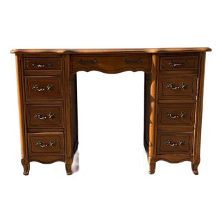 Vintage French Provincial Writing Desk With Leather Inset Top, Cabriole Legs & Brass Hardware For Sale