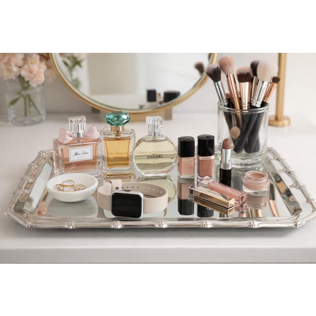 English Vintage Farberware Stainless Steel Bamboo‑Trim Serving Tray — Chinoiserie • Palm Beach Regency • Hollywood Regency or Vintage Barware For Sale - Image 3 of 9