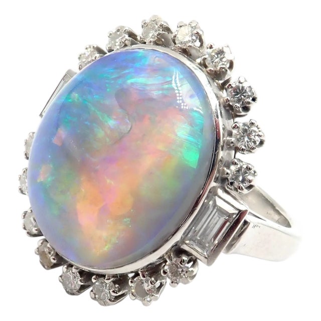 Antique Vintage Estate Palladium Diamond Opal Ring, Size 6.5 For Sale
