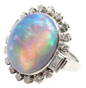 Antique Vintage Estate Palladium Diamond Opal Ring, Size 6.5