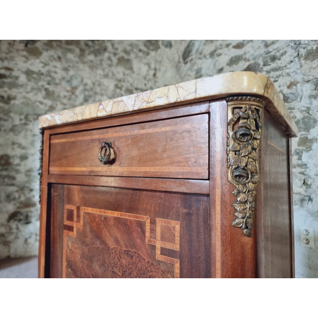 French Nightstand with Marble Top, Mahogany & Walnut Inlay, 1890s For Sale - Image 14 of 16