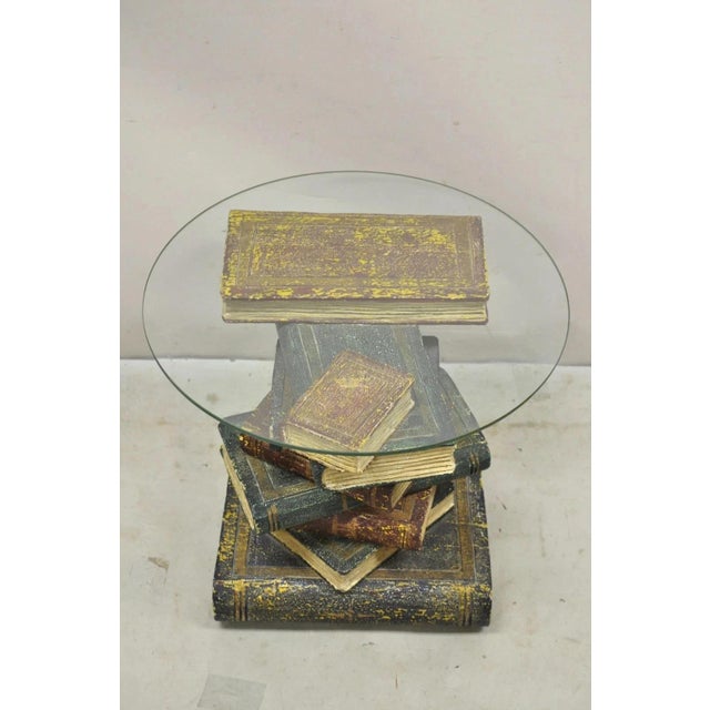 Traditional Vintage Regency Style Figural Faux Stacked Book Form Round Glass Top Side Table For Sale - Image 3 of 11