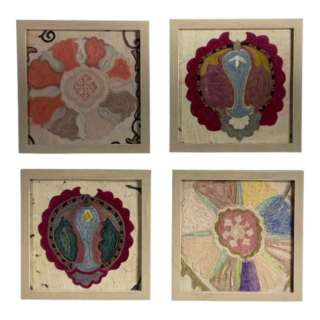 Set of Four 19 Century Antique Silk and Cotton Suzani Wall Hanging For Sale