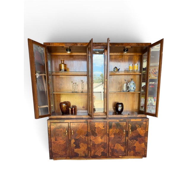 1970s American of Martinsville Credenza and China Cabinet Hutch Patchwood Olive Wood ' Camo' Cabinet For Sale In Austin - Image 6 of 14