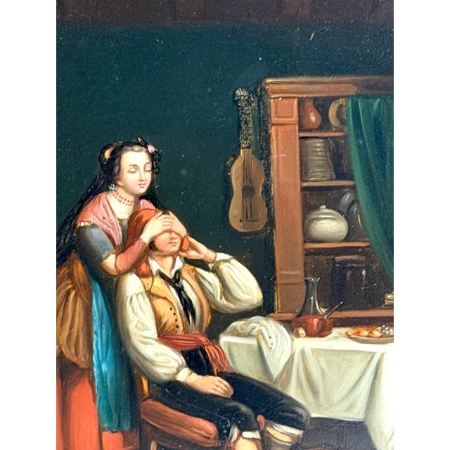 19th Century Biedermeier Genre Painting “The Surprise" Oil on Tin Original Frame For Sale - Image 9 of 14