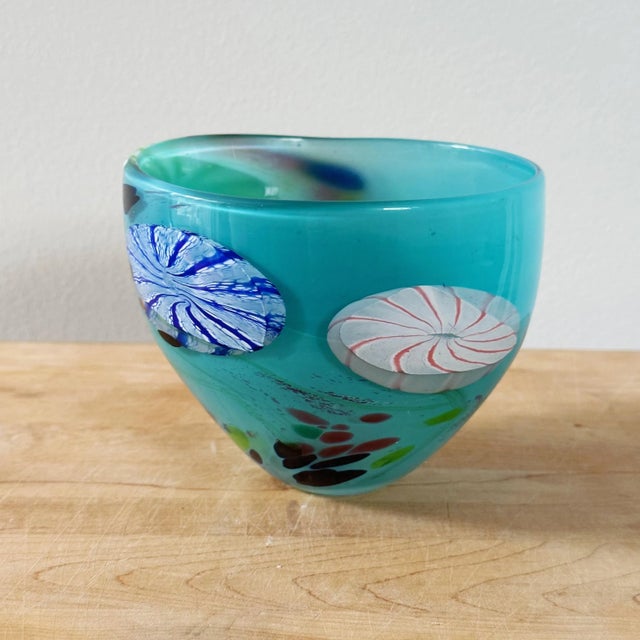 Glass Vintage Mouth Blown Glass Bowl With Millefiori in Blue For Sale - Image 7 of 7