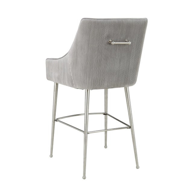 Transitional Beatrix Pleated Light Grey Velvet Counter Stool with Silver Legs For Sale - Image 3 of 7