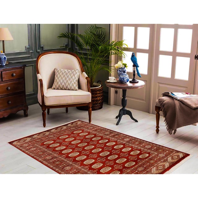 Abstract Tribal Bokhara Rust/Beige Hand Knotted Wool Rug For Sale - Image 3 of 9