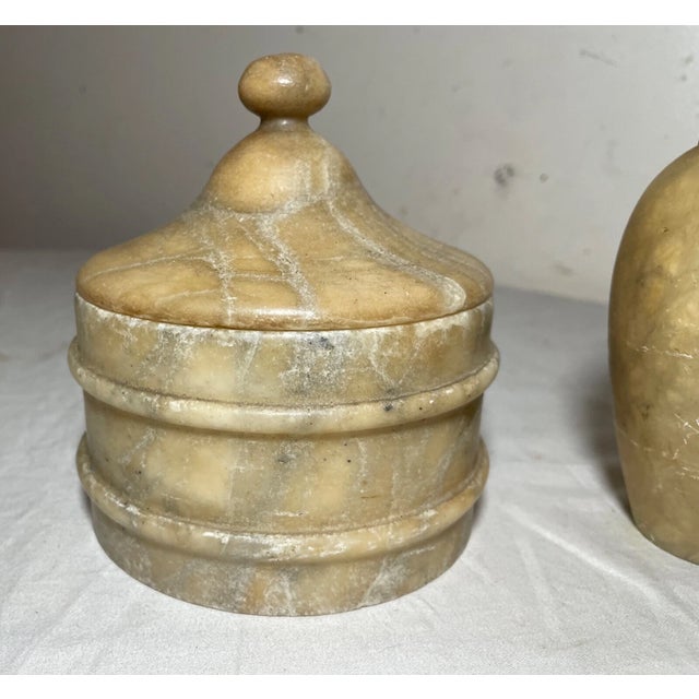 2 Antique Handmade Carved White Alabaster Stone Table Articles Vase Lidded Jar For Sale - Image 4 of 9