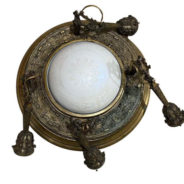 Antique Art Nouveau Patinated Brass & Opal Glass 5-Light Chandelier For Sale - Image 4 of 12