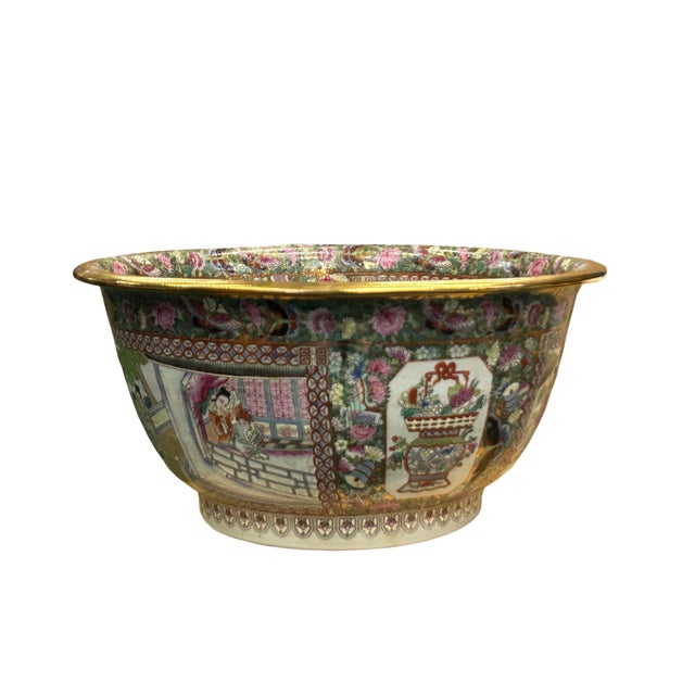 Ceramic Vintage Chinese Famille Rose People House Graphic Large Porcelain Bowl Pot For Sale - Image 7 of 12