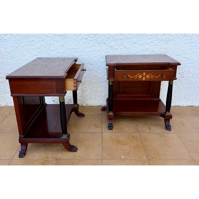 French Empire Wood Nightstands with Marquetry and Black Columns, 1935, Set of 2 For Sale - Image 10 of 15