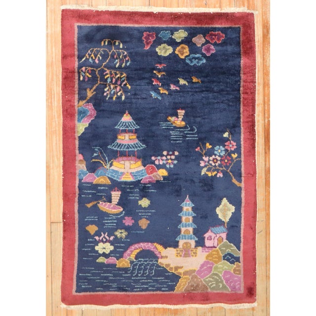 Chinoiserie Zabihi Collection Chinese Art Deco Small Rug For Sale - Image 3 of 8