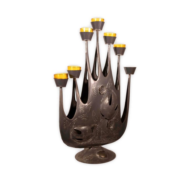 A modernist brutalist hand-hammered tin candelabra by Mexican artist Gene Bryon. Artist's initials and "Mexico" are...