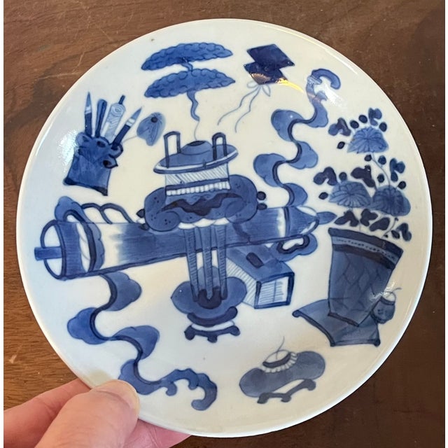Antique 19th Century Chinese Blue and White Porcelain Dish or Small Plate Decorated in the Kangxi Manner With Auspicious Objects For Sale - Image 10 of 10