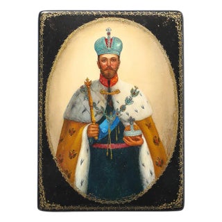 Hand-Painted Russian Box of Tsar Nicholas II With Vermillion Red Interior For Sale