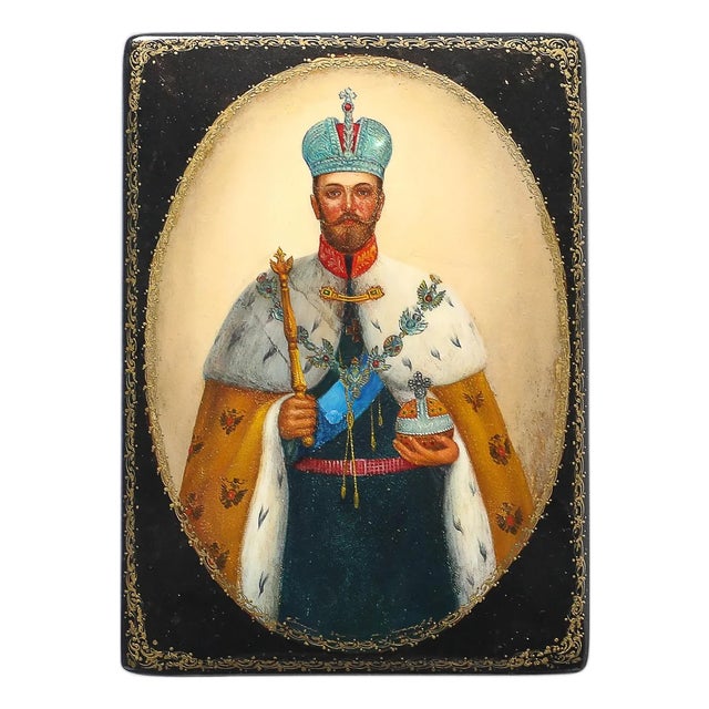 Hand-Painted Russian Box of Tsar Nicholas II With Vermillion Red Interior For Sale