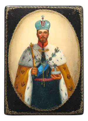 Hand-Painted Russian Box of Tsar Nicholas II With Vermillion Red Interior