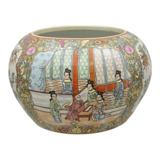 Vintage Chinese Export Porcelain Bulbous Cachepot Vase With Figural Scenes For Sale
