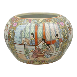 Vintage Chinese Export Porcelain Bulbous Cachepot Vase With Figural Scenes