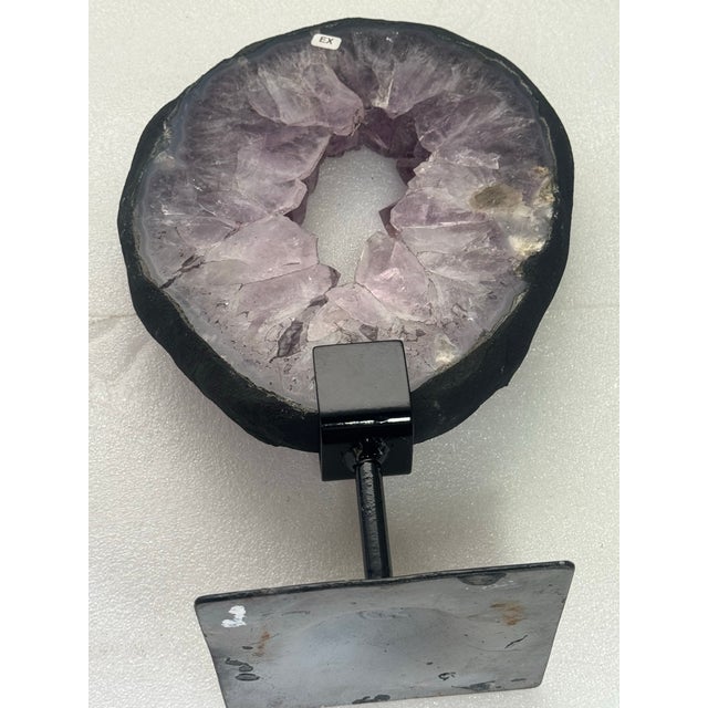 15th Century & Earlier Slice of Natural Amethyst Geode From Brazil on a Custom Black Metal Stand For Sale - Image 11 of 12