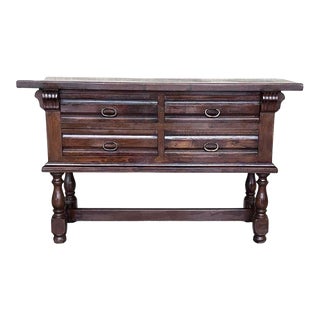 Spanish Console Chest Table With Four Carved Drawers and Original Hardware For Sale