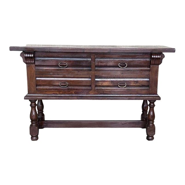 Spanish Console Chest Table With Four Carved Drawers and Original Hardware For Sale
