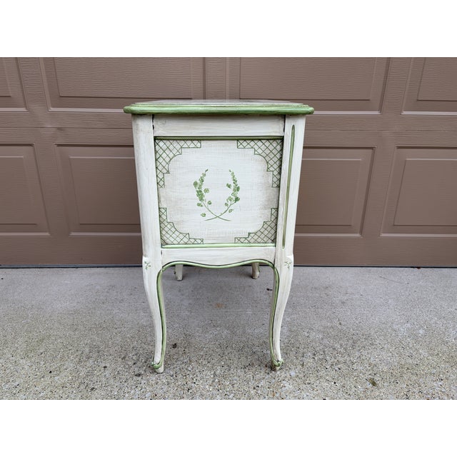 Vintage French Provincial Cream & Sage Green Painted Nightstand With Botanical Decoration For Sale - Image 14 of 14