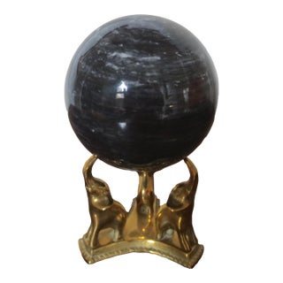 Italian Black Marble Sphere With Brass Elephant Stand For Sale