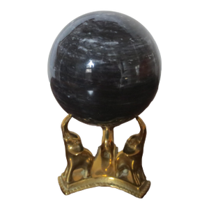 Italian Black Marble Sphere With Brass Elephant Stand