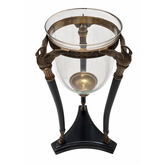 Pair of French Empire Style Bronze Swan & Glass Hurricane Lamp Candle Holders For Sale - Image 9 of 9
