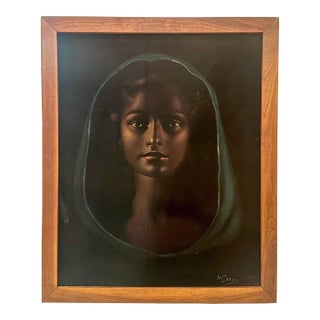 Vintage Veiled Girl in Blue Painting For Sale
