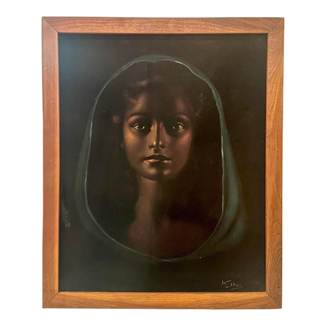 Vintage Veiled Girl in Blue Painting For Sale