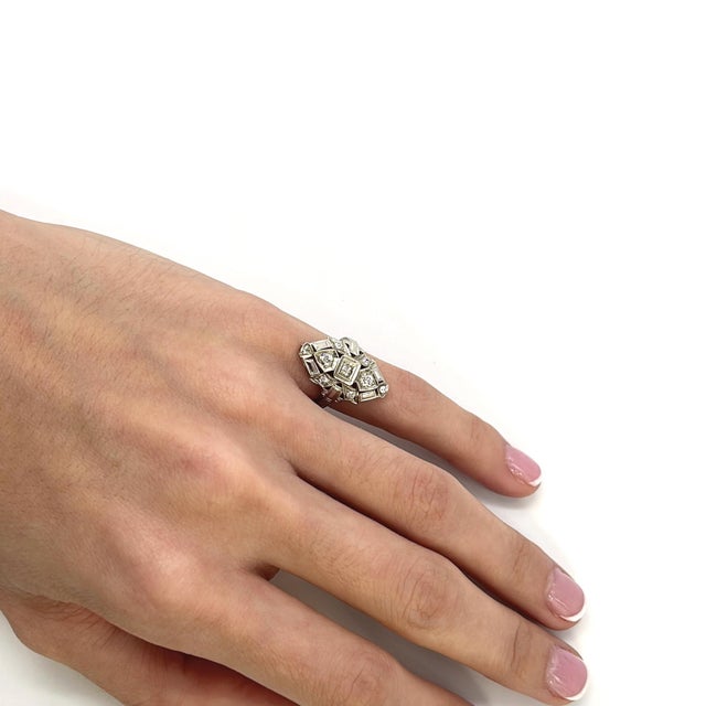 19th Century 14k White Gold & Diamond Antique Art Deco Ring - Size 2.75 For Sale - Image 5 of 6