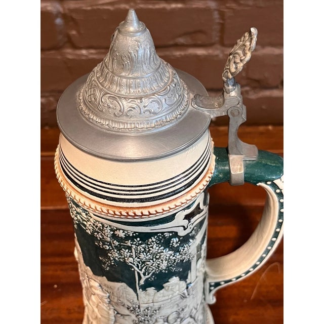 Traditional Vintage German Beer Stein Pewter Lid Relief Green & White 14" For Sale - Image 3 of 6