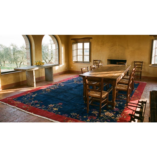1920s Navy Blue Floral Antique Chinese Art Deco Carpet 7' 10'' X 9' 7'' Knotted Pile Wool Rug For Sale - Image 14 of 15